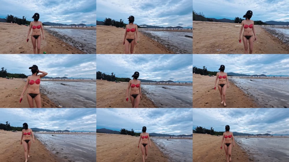 2025年12月最新，人氣露出女神，【cikaimoon】，海邊露營散步，油彩比基尼，海浪拍打裸體嬉戲